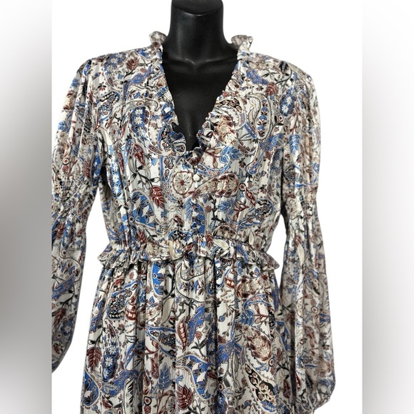 NWOT, ZARA, Dress With Print And Ruffles, Small, White, Blue, Tan - Picture 6 of 12